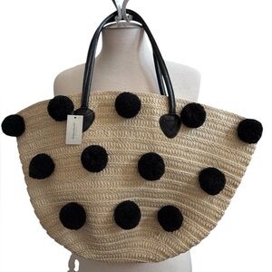Shireleah Pompom Tote Bag with Black Handles - Natural
